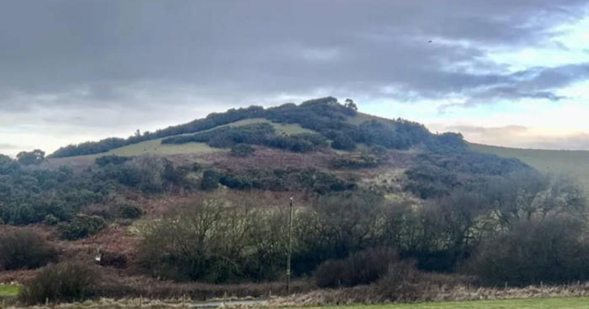 A grassy coastal mound in Cumbria believed by archaeologist Steve Dickinson to be “The King’s Mound,” potentially covering a Viking ship burial. 