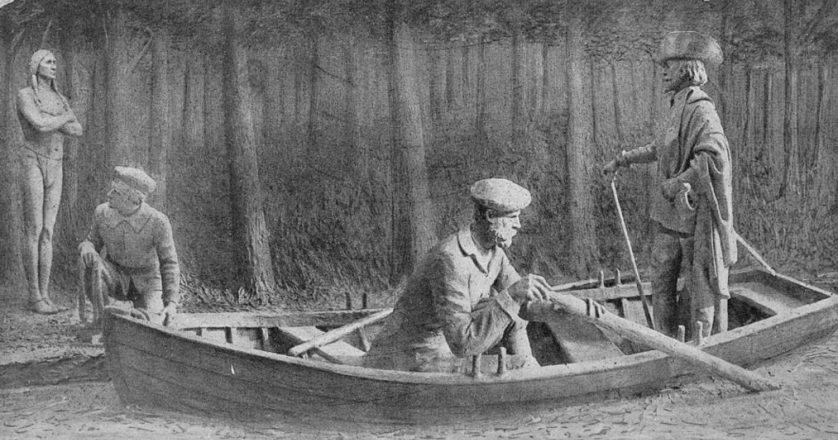 Postcard of butter sculpture tableau of the meeting of Jacques Cartier and Donnacona