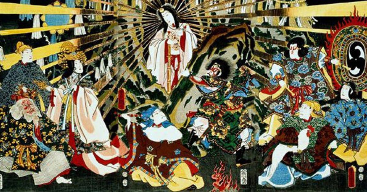 The Japanese Sun Goddess, Amaterasu, emerging from a cave. She is a Japanese deity that is linked to reincarnation. 