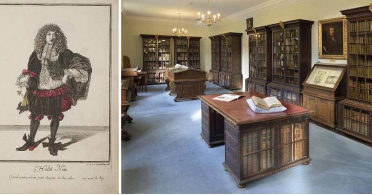 Left; Jean Dieu de Saint-Jean, Habit Noir (evening wear), etching c. 1670. Right; Inside the Pepys Library at Magdalene College, Cambridge.	Source: Left; Reproduced by permission of the Pepys Library, Magdalene College Cambridge.  Right; Douglas Atfield/University of Cambridge