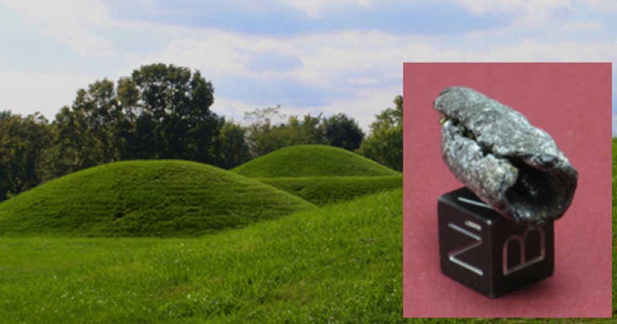 Main: Hopewell burial mounds in Ohio (CC by SA 3.0). Inset: One of the meteoritic iron beads found in a Hopewell mound.
