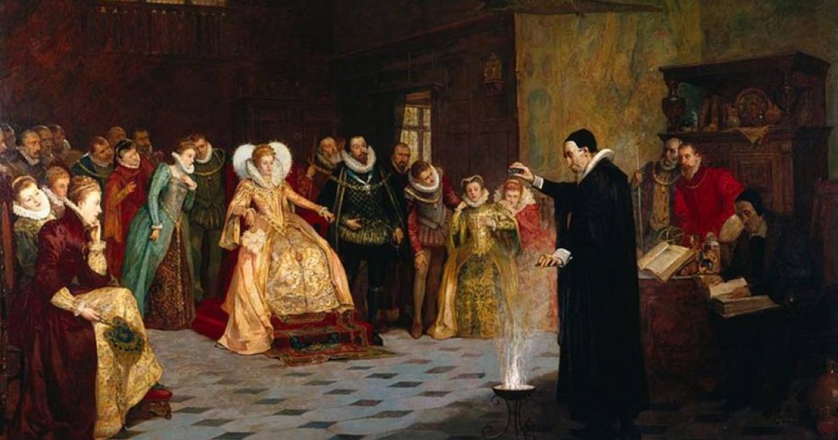 John Dee performing an experiment before Queen Elizabeth I.