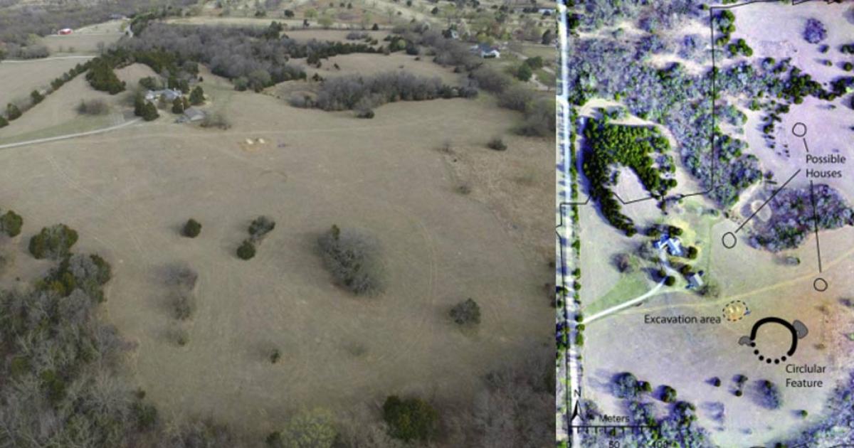 Aerial view of the Kansas earthwork site and drone-acquired orthoimage showing major features of the site