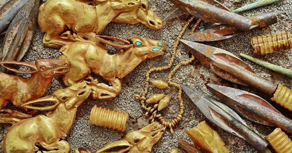 Some of the 3000 gold and metal objects found in the burial mound in Kazakhstan