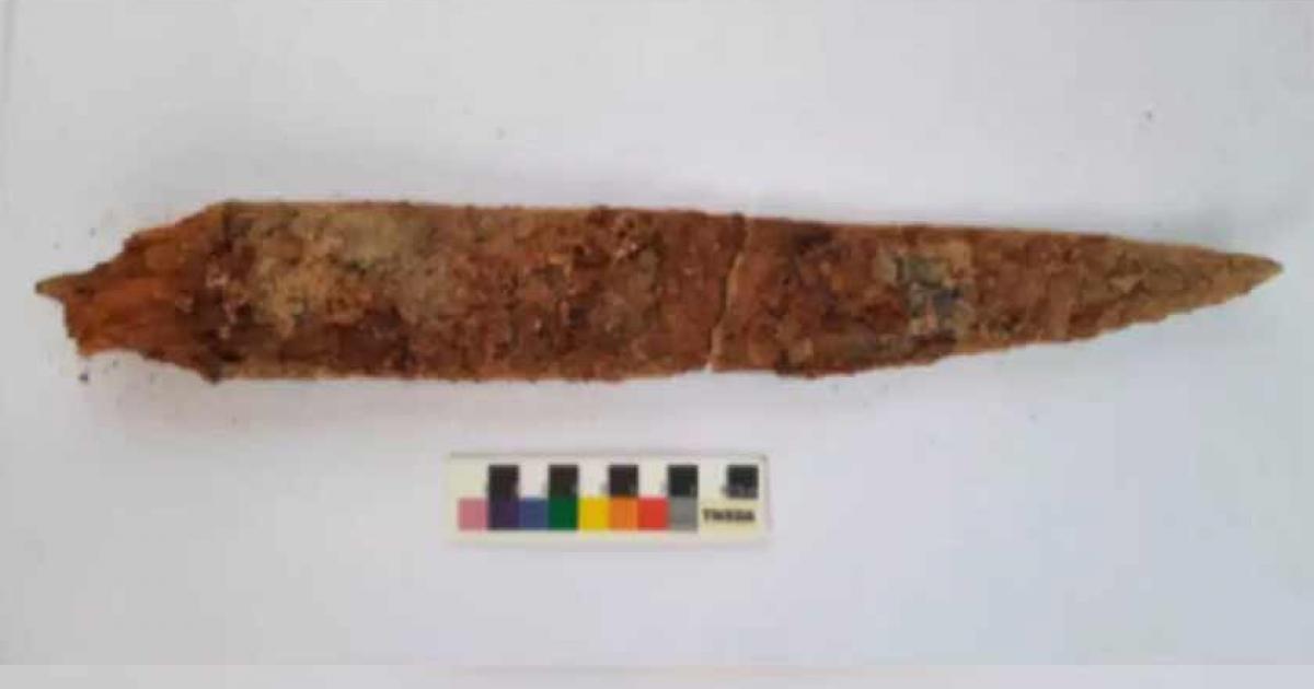 The iron dagger's well-preserved wooden handle may help researchers date other artifacts found at the Keeladi civilization dig site in South India.          Source: Tamil Nadu Department of Archaeology