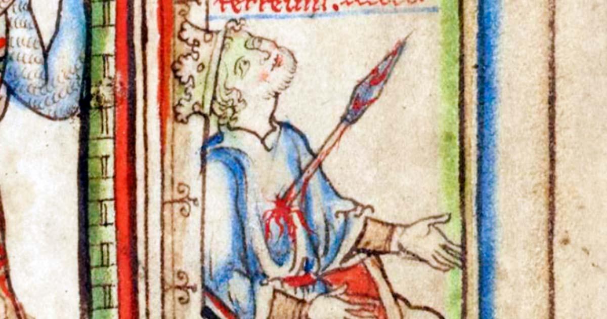 Detail depicting the unusual death of King Edmund Ironside as portrayed in a 13th-century illustrated Anglo-Norman manuscript of the Life of St Edward the Confessor. Source: Cambridge University Library / CC BY-NC 3.0