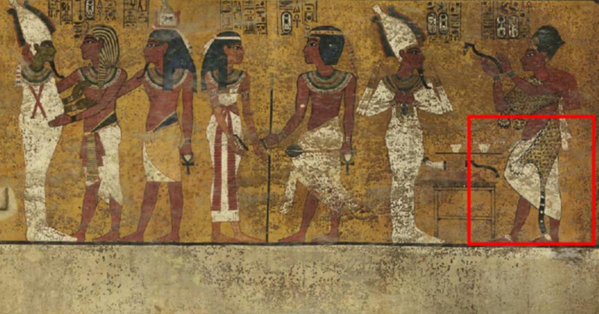 Scans of the north wall of King Tutankhamun's burial chamber have revealed features beneath the intricately decorated plaster (highlighted) a researcher believes may be a hidden door, possibly to the burial chamber of Nefertiti. 