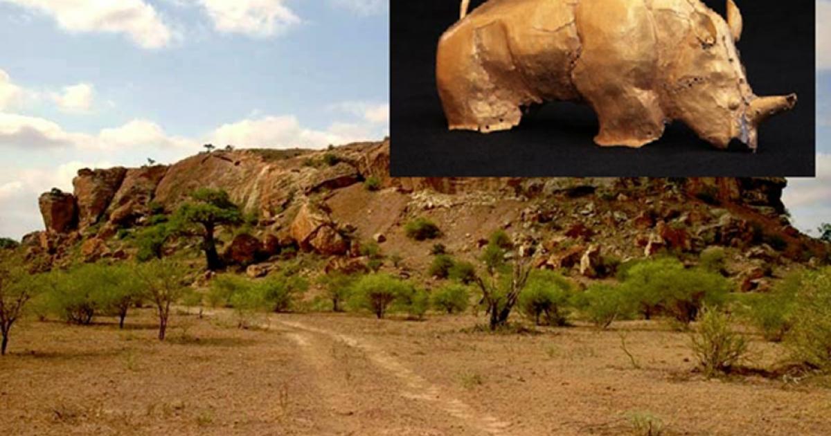 Mapungubwe Hill viewed from the north, The gold rhino of Mapungubwe.