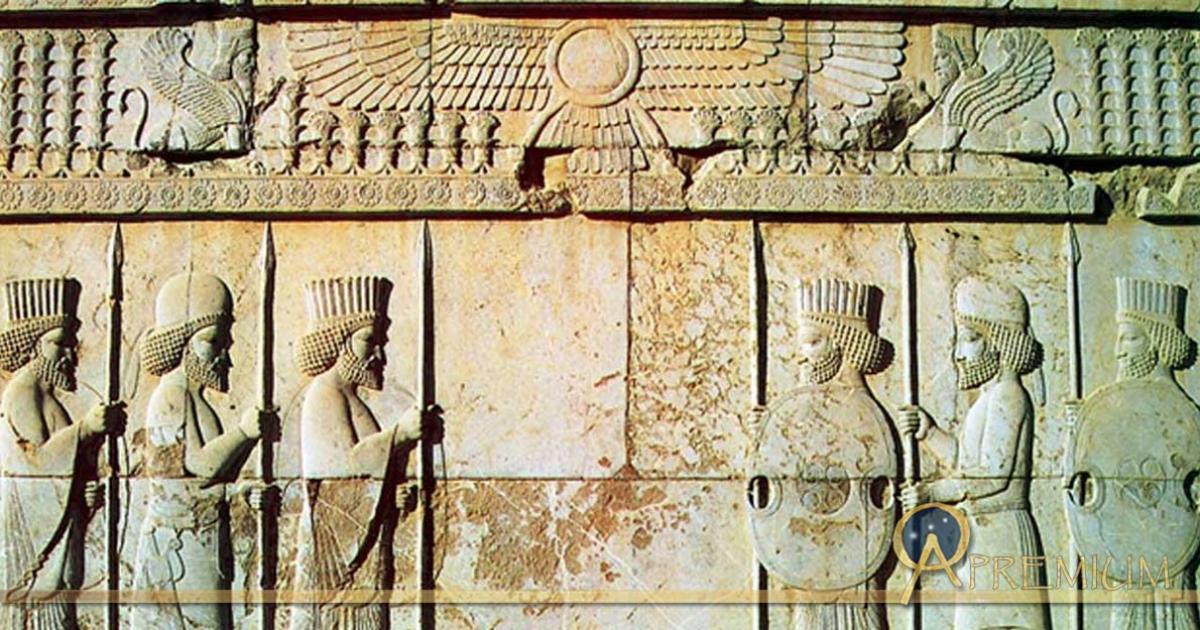 Apadana Hall, fifth-century BC carving of Persian archers and Median soldiers in traditional costume (Medians are wearing rounded hats and boots) 