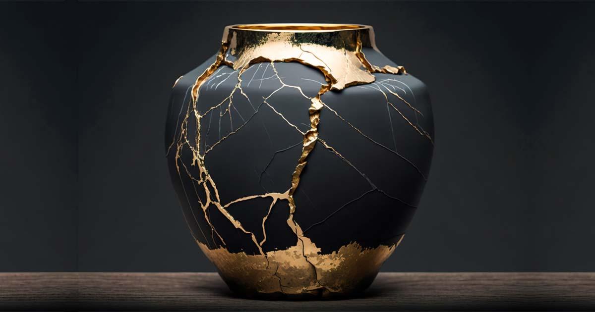 Kintsugi: Broken Japanese vase that has been repaired.  Source: Margineanu / Adobe Stock.