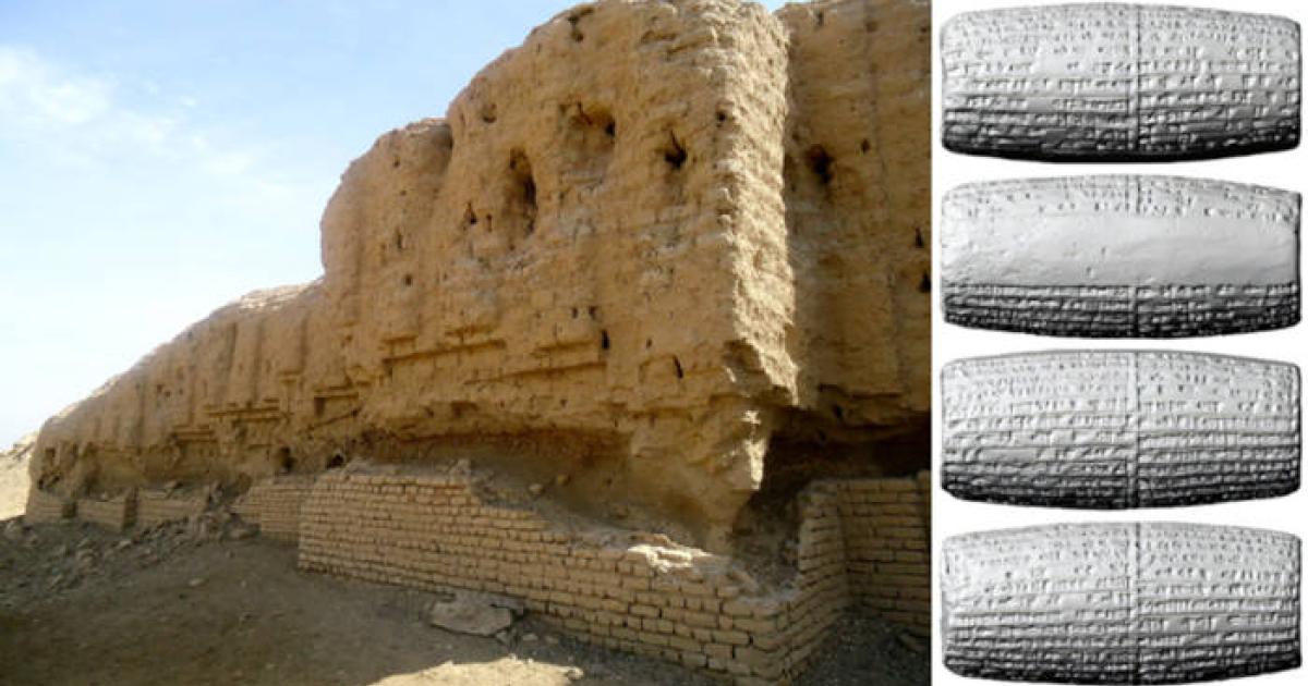 Left, ruins of ziggurat of Kish, Right clay cylinder recording its restauration plans.