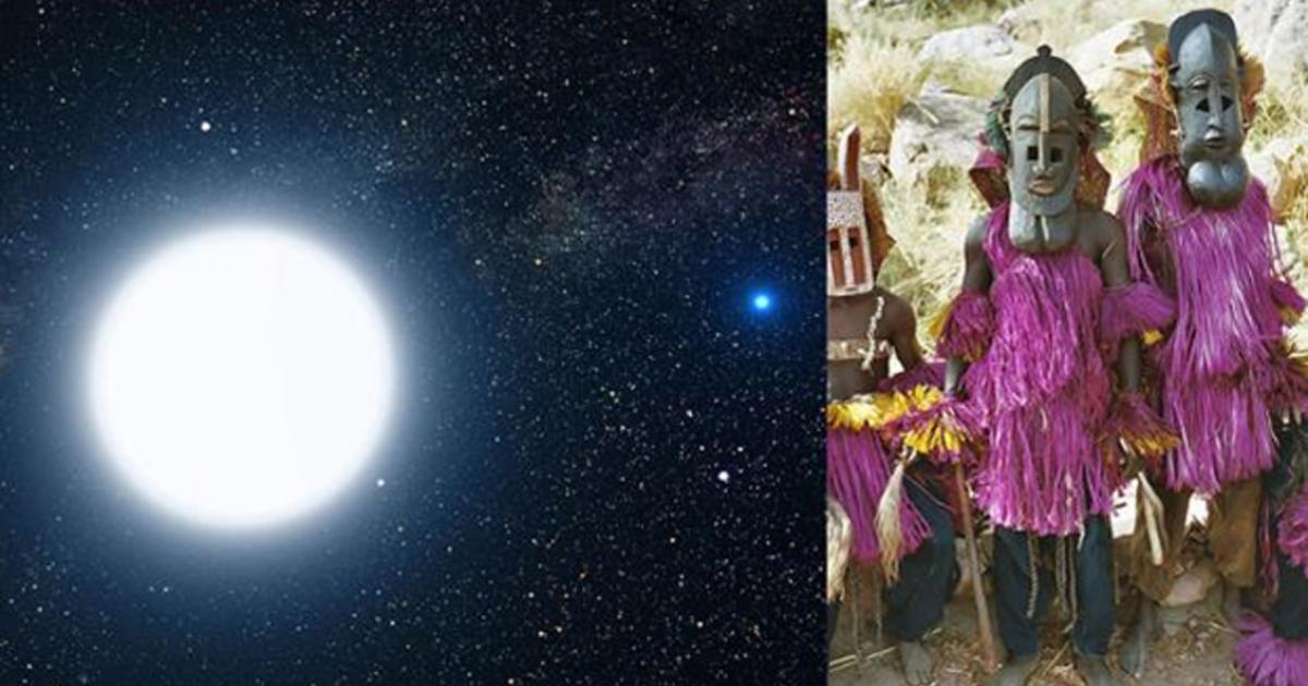 An artist's impression showing how the binary star system of Sirius A and its diminutive blue companion, Sirius B, might appear to an interstellar visitor. Dogon people, Mali.