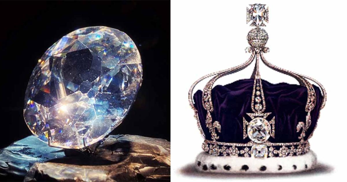 A Kohinoor Diamond replica, and as inset in Queen Mary’s crown, 1919.        Source: Left; aiva / CC BY 2.0, Right; Public Domain