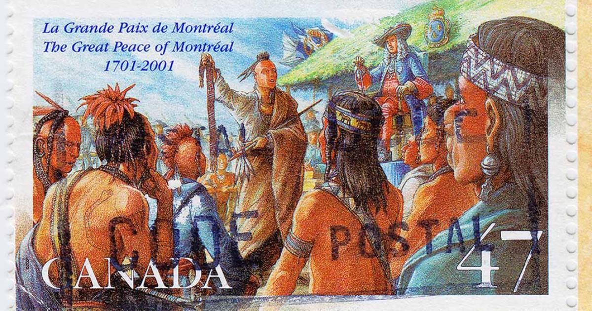 Postage stamp depicting the Great Peace of Montreal. Source: konstantant / Adobe Stock