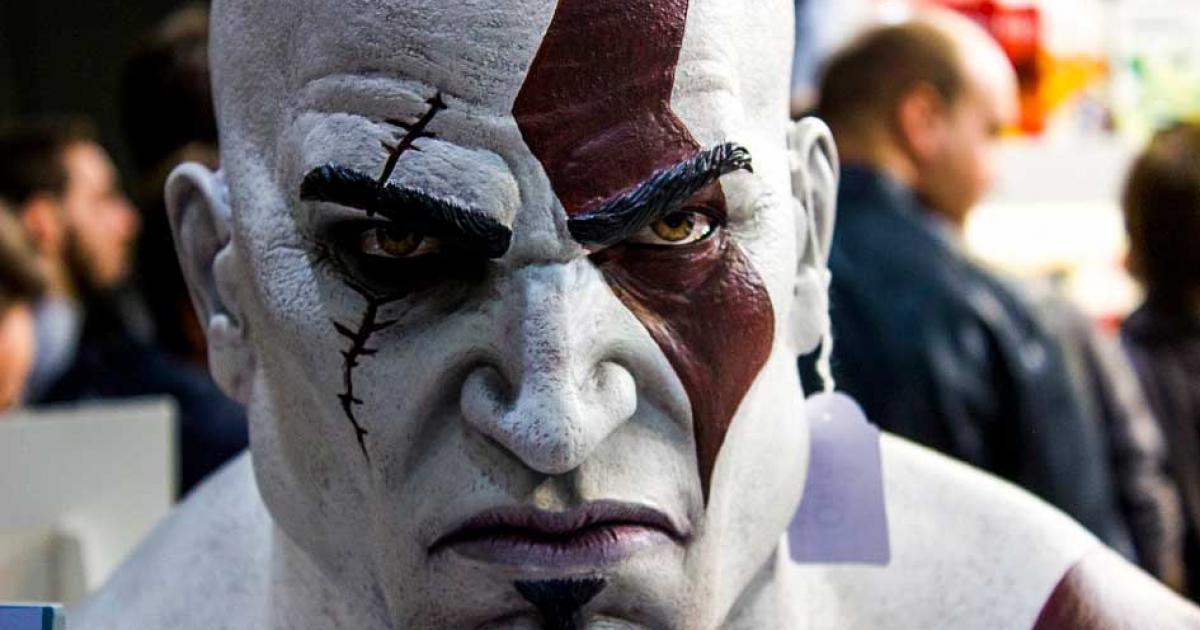 A closeup of Kratos the Greek god of strength, might and power as depicted in the popular video-game series God of War. Source: Matteo Pedrini / CC BY-SA 2.0