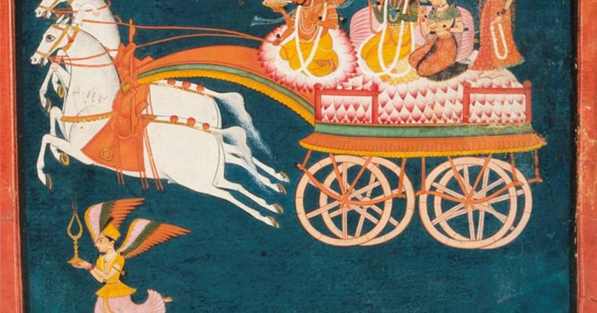 Krishna and Rukmini as Groom and Bride in a Celestial Chariot