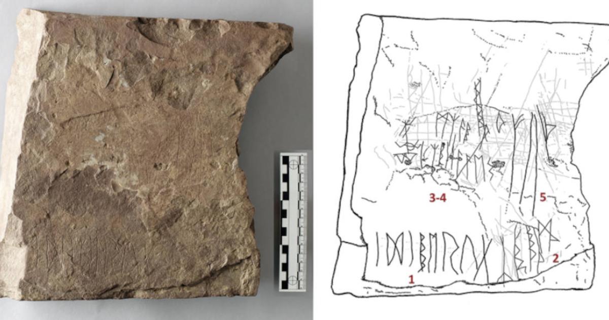 Left: Sandstone fragment with runic inscription. Right: Illustration highlighting the runes.