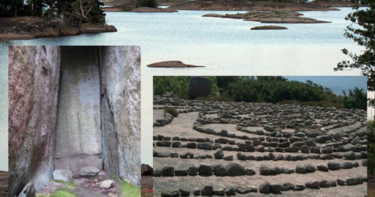 Main: The Island of Blå Jungfrun (Flickr). Inset: stone labyrinth (CC BY 3.0) and Stone Age fireplace