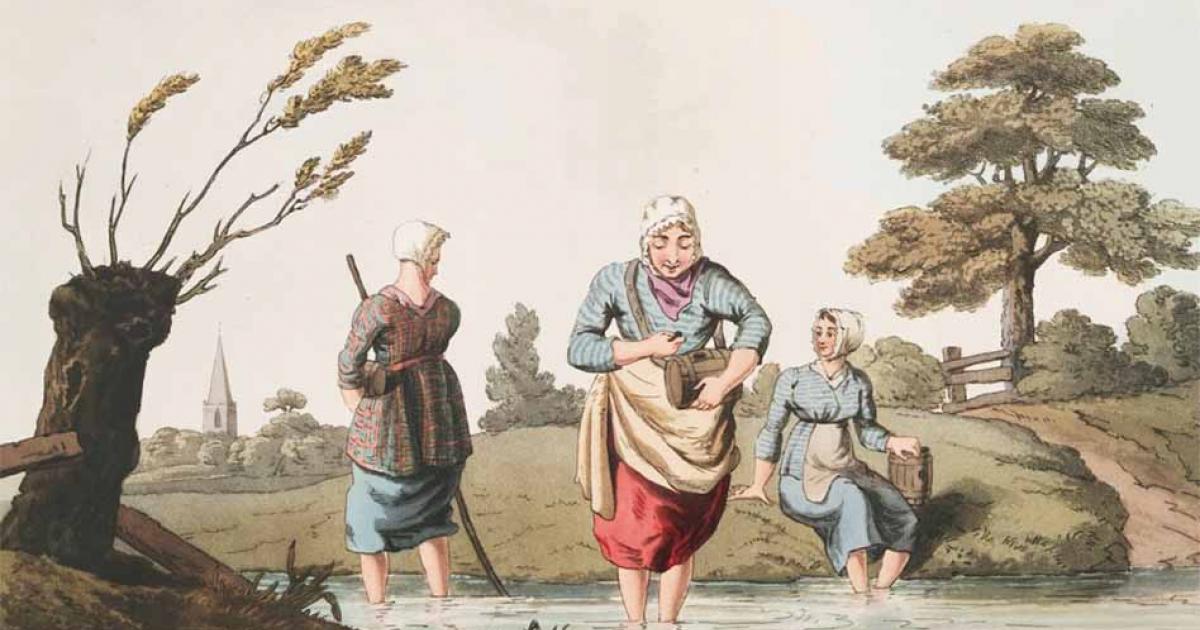 Leech Finders, from the print collection Costume of Yorkshire (1814), by artist George Walker and engravers Robert and Daniel Havell.             Source: New York Public Library.