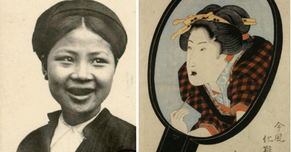 Left; A Tonkin woman with black-painted teeth, 1908. Right Woman Applying Ohaguro While Looking into a Mirror