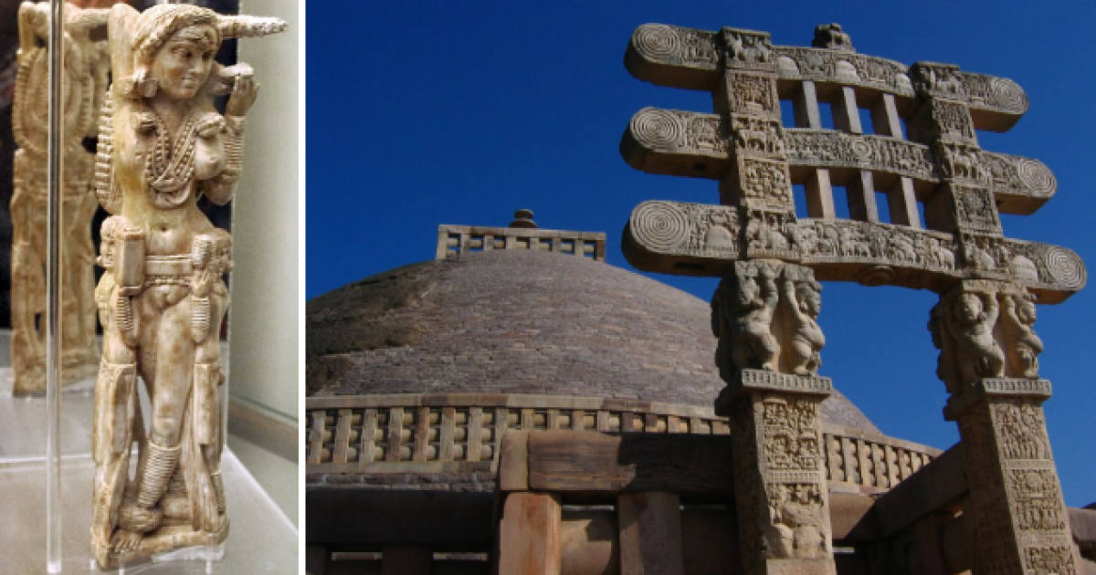 Left; An ivory statuette of Lakshmi (1st century AD), discovered in the ruins of Pompeii.  Right; Great Stupa at Sanchii.