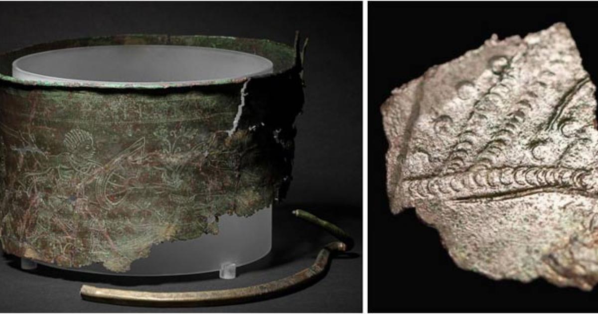 : Left, the reconstructed Bromeswell Bucket, and right, a newly found fragment. 	Source: © National Trust