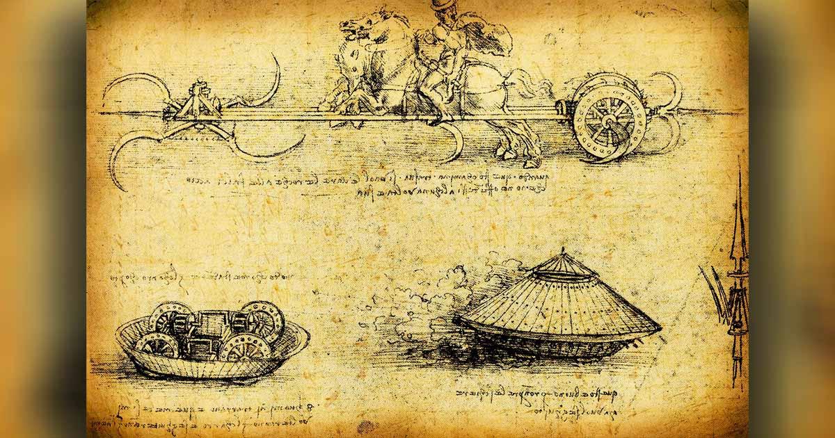 Leonardo da Vinci’s weapons included a tank and a scythed chariot, drawings shown here. Source: janaka Dharmasena / Adobe Stock