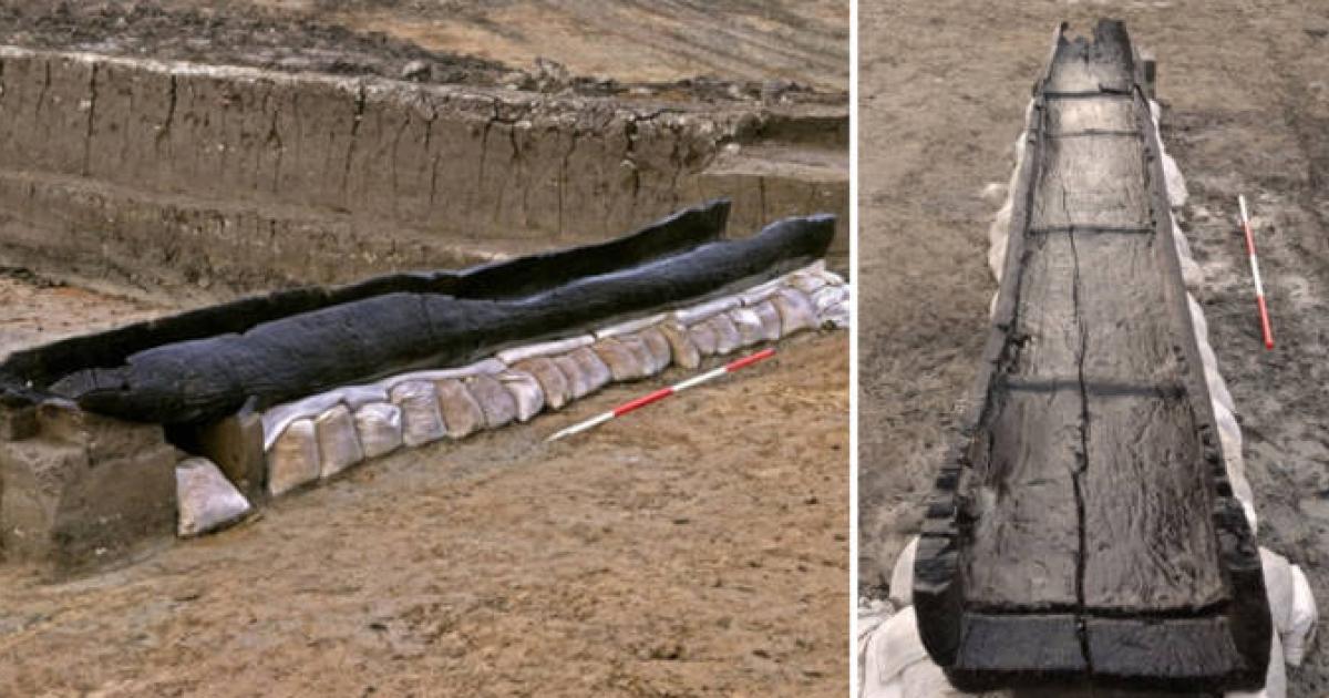 Bronze Age log boat outside in Cambridgeshire, England.