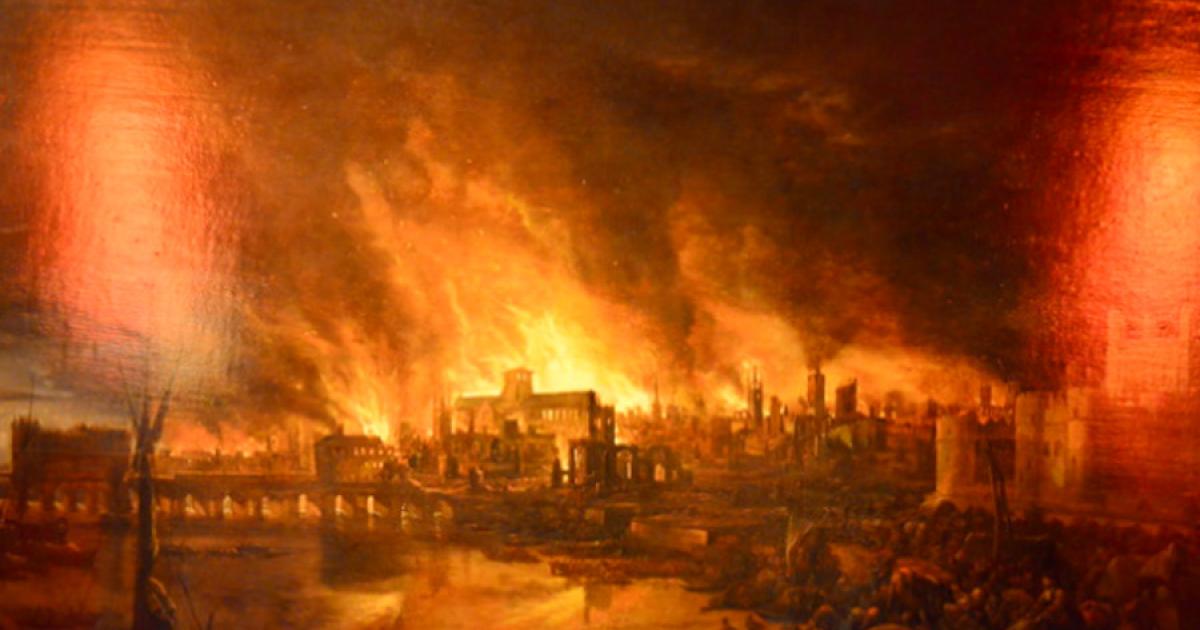 Oil on panel Dutch School painting depicting the Great Fire Of London