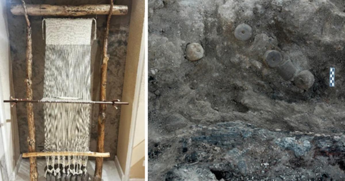 Left; Reconstruction of a Bronze Age warp-weighted loom, on display at the Alcoy Archaeological Museum. Right; the Bronze Age loom remains in situ at the find site