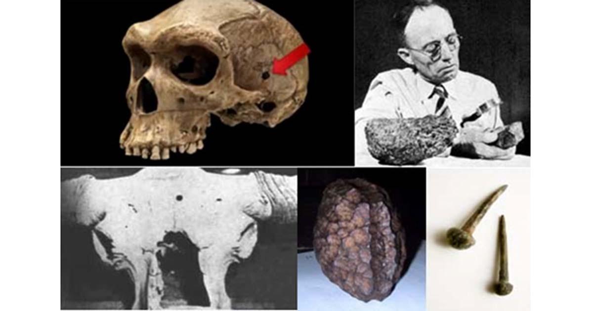 Clockwise: Rhodesia Man (YouTube Screenshot), H. H. Nininger (Fair Use), Auroch skull (Technology of the Gods: The Incredible Sciences of the Ancients), Salzburg Cube (Public Domain),Roman Nails (CC BY-SA 2.0)