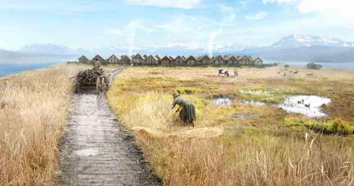 An artist's impression of life at a Lucerne area stilt village.