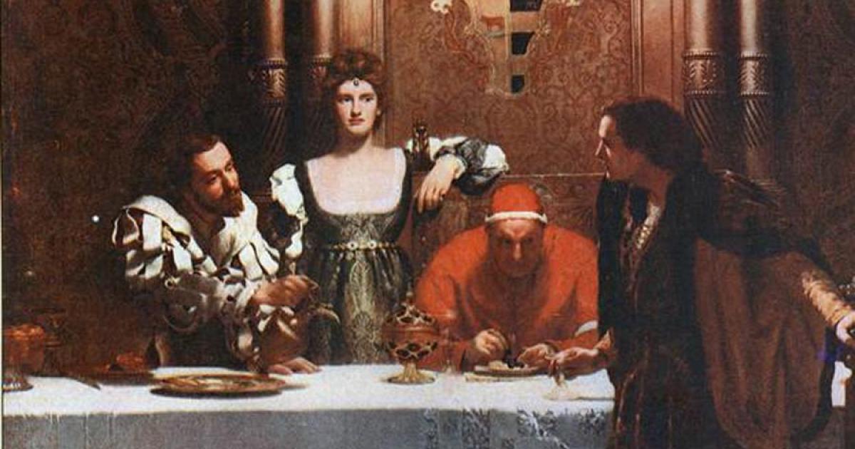 Painting by John Collier, "A glass of wine with Caesar Borgia," depicting Cesare Borgia, Lucrezia Borgia, Pope Alexander, and a young man holding an empty glass. The painting represents the popular view of the treacherous nature of the Borgias: the implication being that the young man cannot be sure that the wine is not poisoned. 		Source: John Collier / Public domain