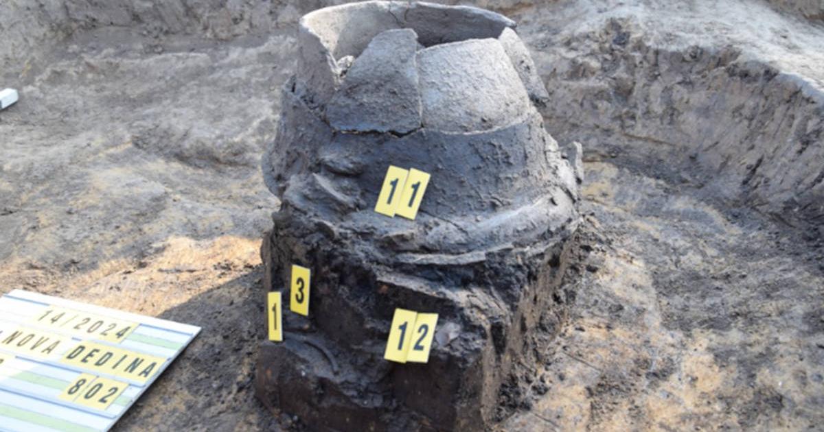 Urn in the grave of the cremated Lusatian discovered in Nové Dědina near Uničov, Czech Republic. 