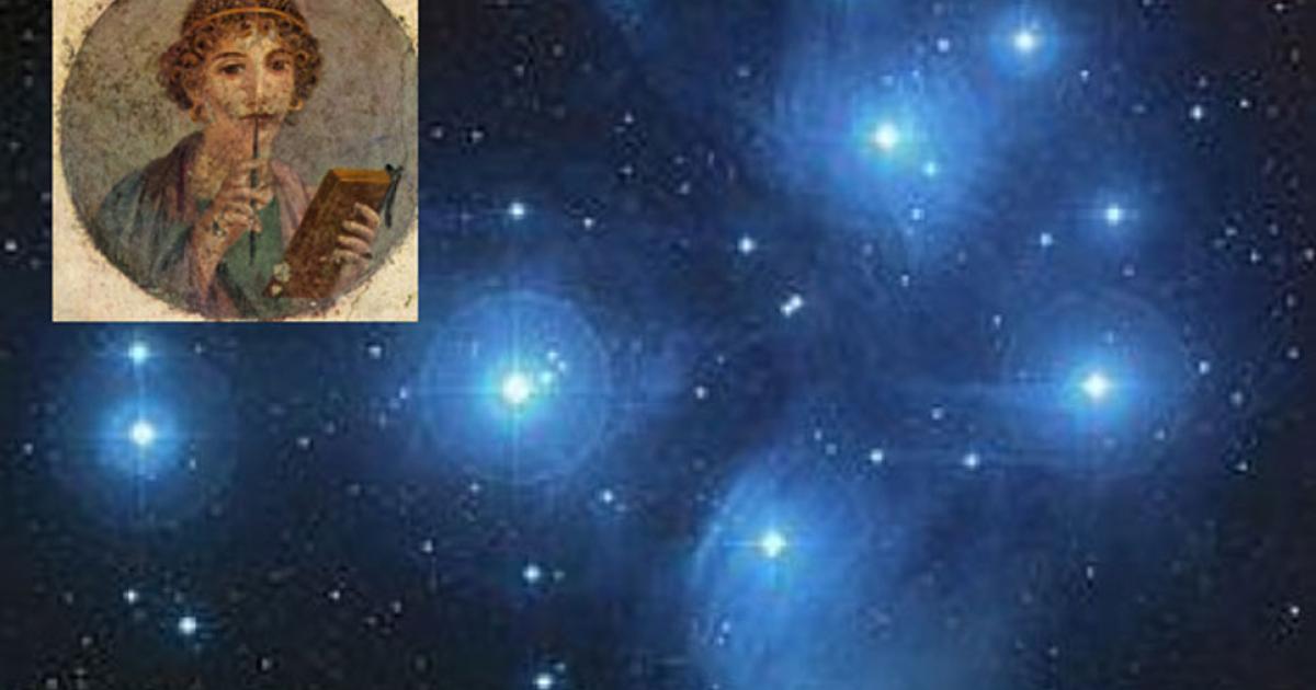 A color composite image of the Pleiades from the Digitized Sky Survey. Credit: NASA/ESA/AURA/Caltech. Inset: Sappho fresco 