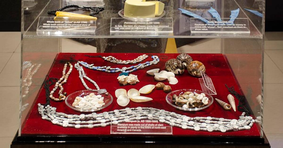 Display of various items that were used as forms of money by past civilizations, from the RBI Museum in Kolkata, India. 