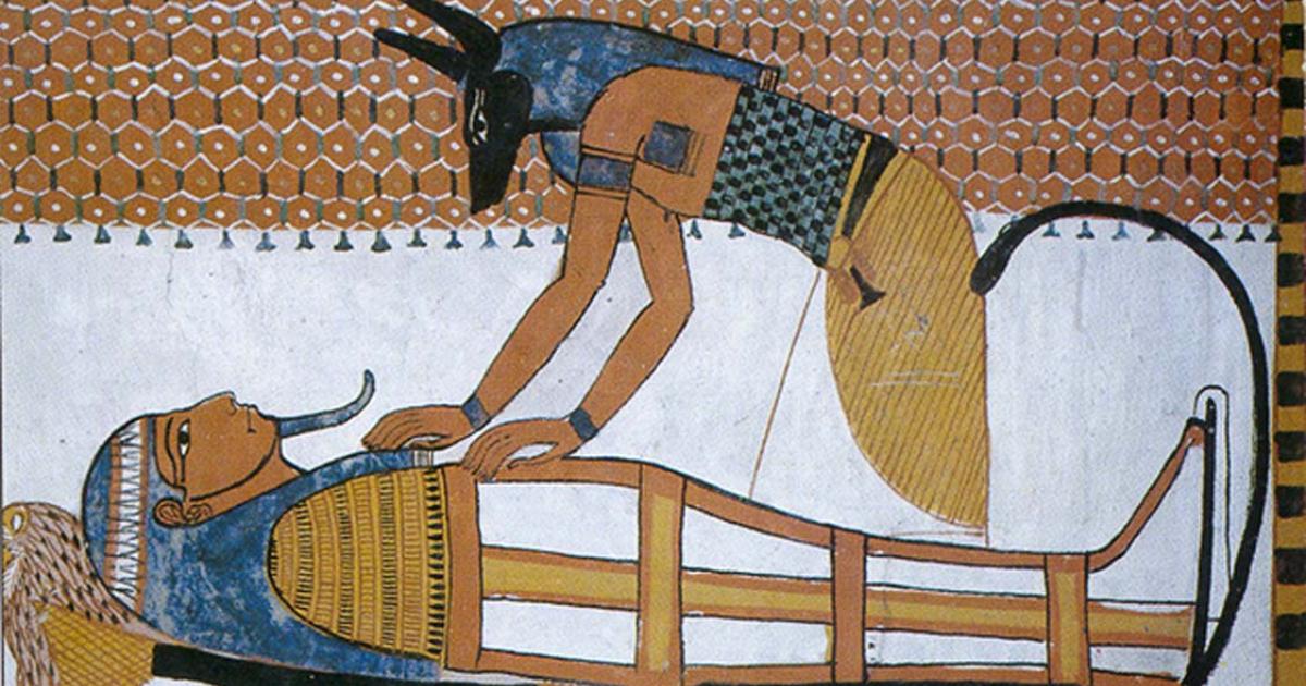 Anubis Reconstructing Osiris (1350 BC, Tomb of Ramses 1, Egypt).