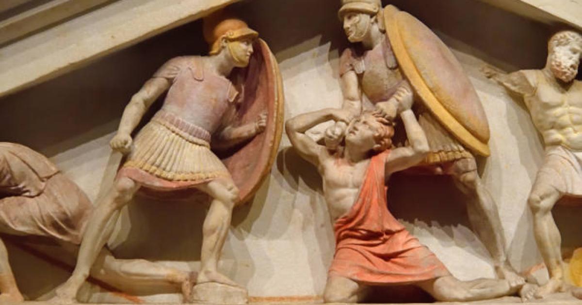 Alexander Sarcophagus pediment above battle scene. 