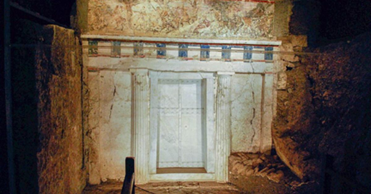 The tomb of Philip II of Macedon at the Museum of the Royal Tombs in Macedonian Aigai, Vergina     . Source: Public Domain