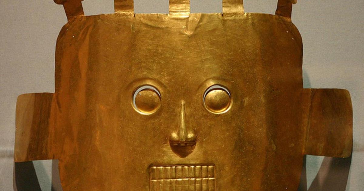 Funerary Mask, from Malagana 200BC-200AD on exhibit with the exhibit "The Spirit of Ancient Columbian Gold". 