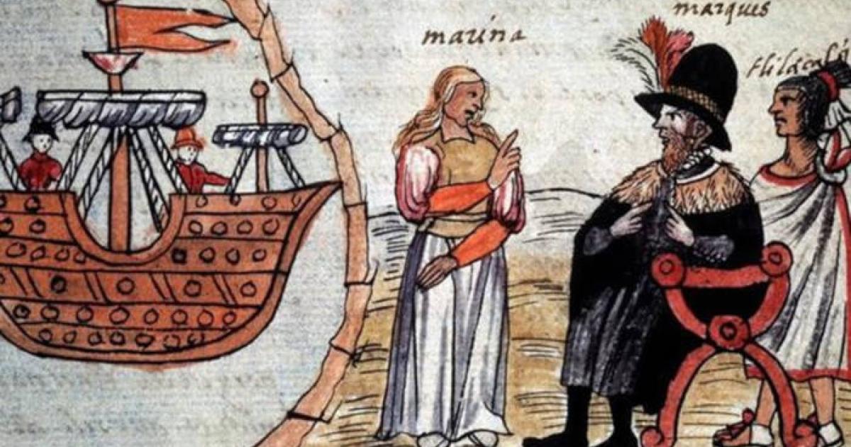 Hernán Cortés and La Malinche depicted in the Durán Codex from 1576