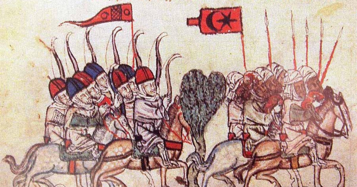 The battle of Wadi al-Khazandar in 1299, depicting Mongol archers and the Mamluk cavalry.		Source: Public domain