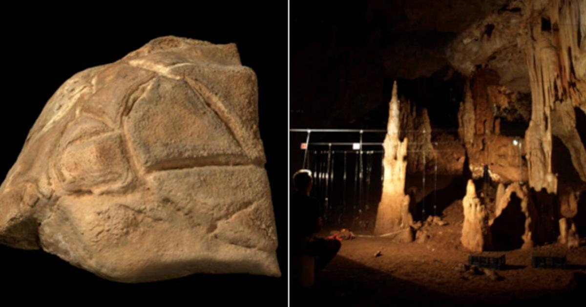 Left; the boulder with tortoise marking engraved. Right; Manot Cave, Galilee, Israel. 