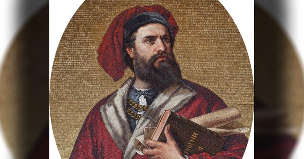 The famous mosaic of Marco Polo displayed in the Palazzo Doria-Tursi, Italy, a man we now know more about with the latest evidence of a likely-earlier daughter by him in Venice.		Source: Salviati / Public domain