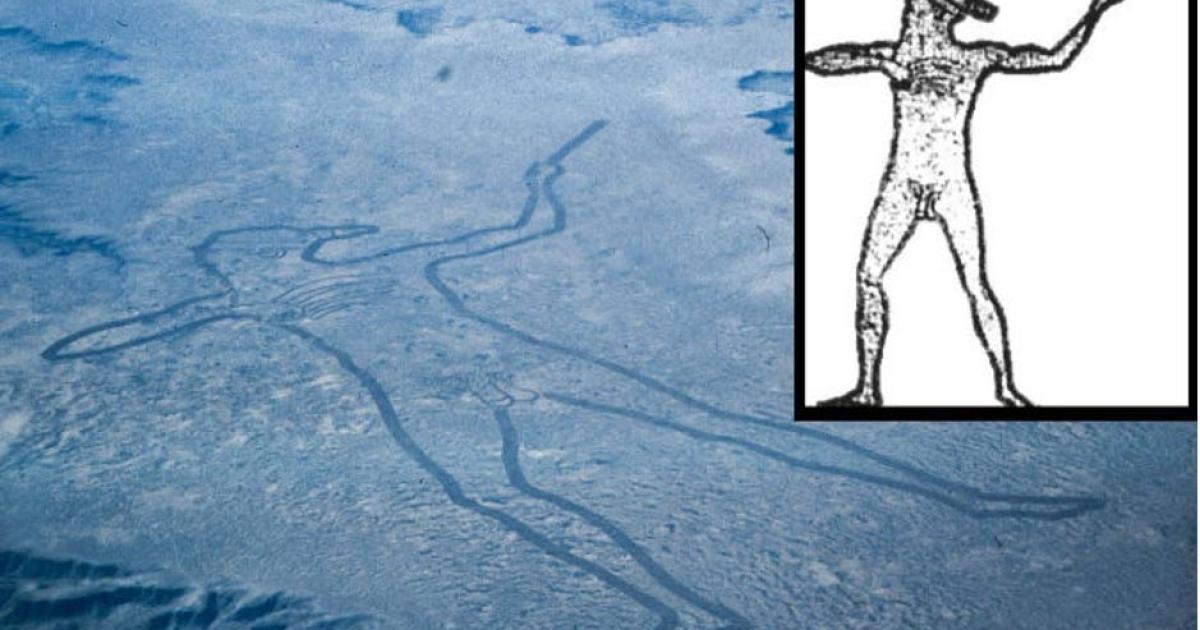 An aerial view of Marree Man and an outline illustrated by Lisa Thurston. 