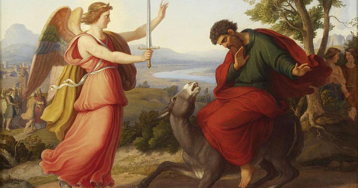 Balaam and the Angel, who is said to be the evil angel or Jewish Satan Mastema, by the painter Gustav Jaeger. 		Source: Gustav Jäger/ Public domain