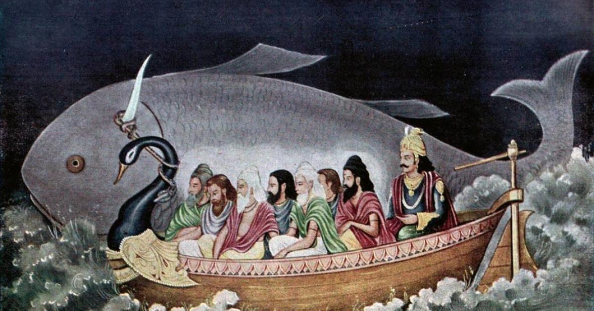 Matsya protecting Svayambhuva Manu and the seven sages at the time of Deluge 