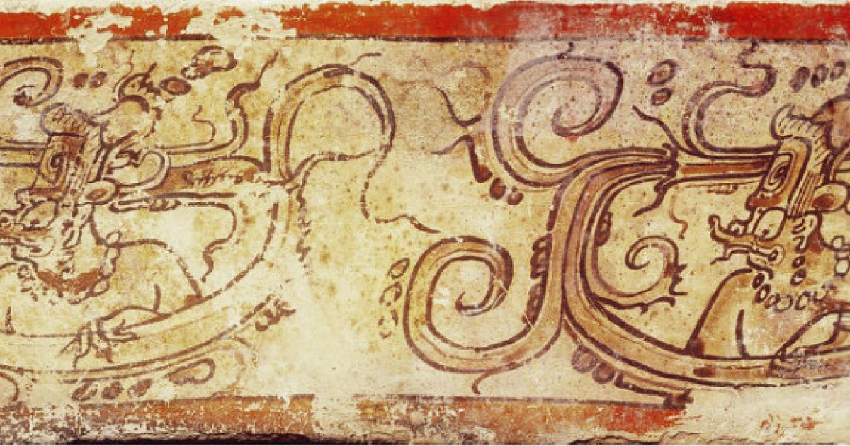 An illustration of K'awiil, the Maya god of storm, on pottery. 
