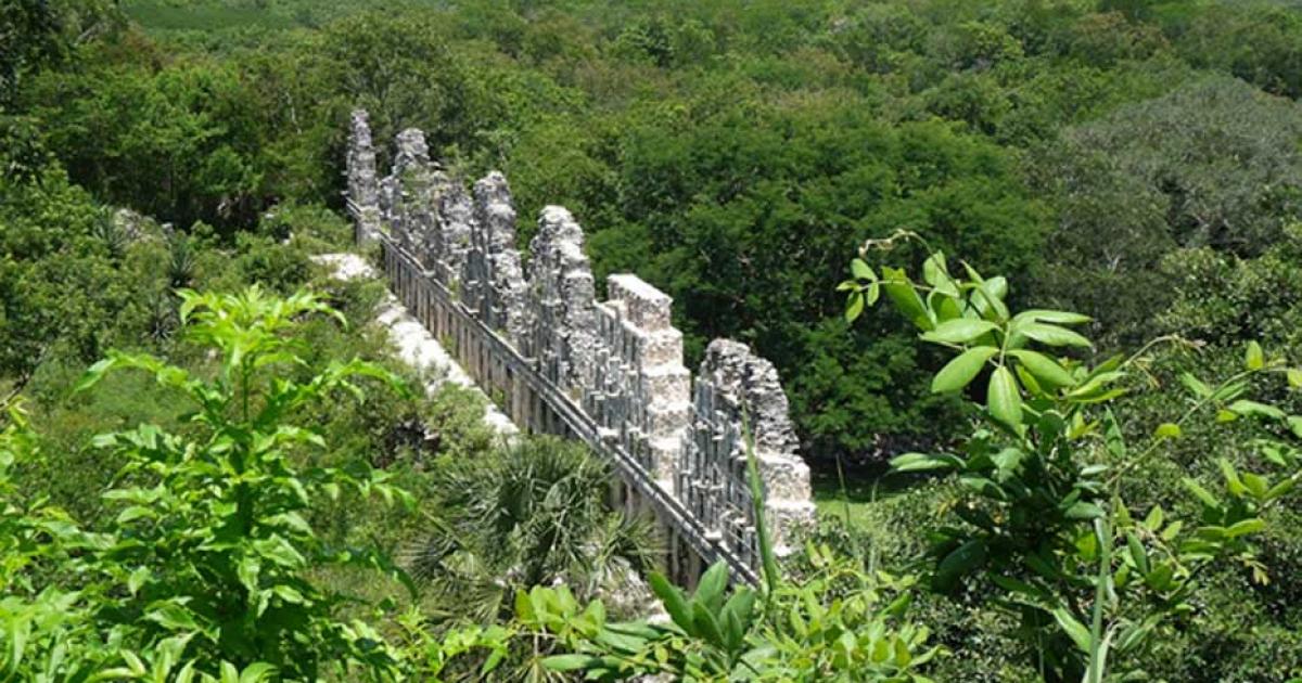 Maya ruins surrounded by lush green vegetation of the current climate.
