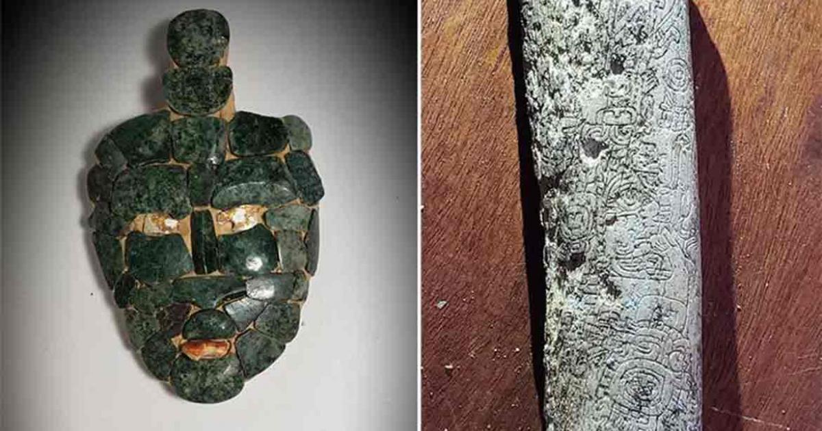 Undated photo of a mosaic jade mask discovered inside an ancient Maya tomb dating back 1,700 years in Chochkitam, Guatemala, near the borders of what are now Mexico and Belize, on July 1, 2022. Source: Francisco Estrada-Belli/Tulane University